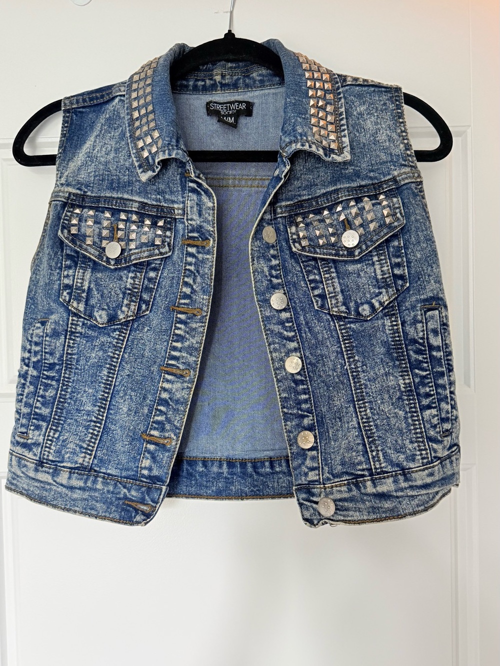 Streetwear Society Blue Acid Wash Studded Denim Vest